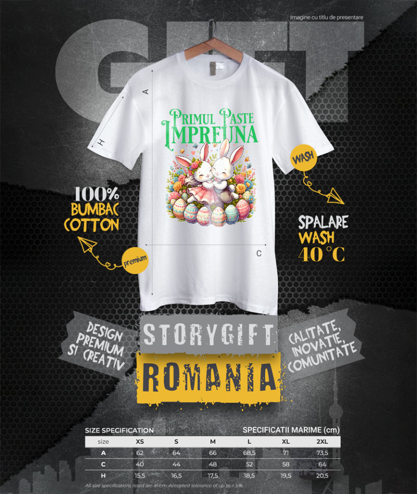 Tricou Femei, Barbati, Copii, Fata, Baiat, Unisex Personalizat "Cuplu Fericit Iepuri Îndrăgostiți cu Oua Colorate - Paște și Iubire" [4]