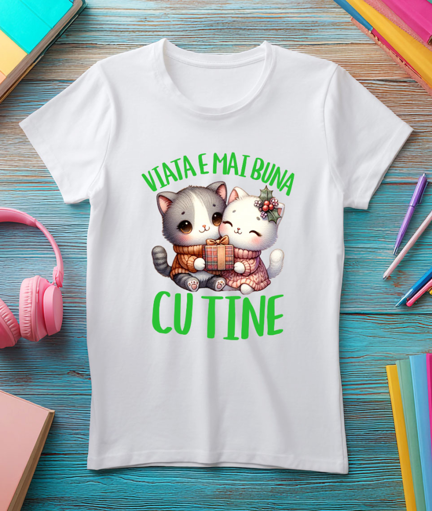 Tricou Femei, Barbati, Copii, Fata, Baiat, Unisex Personalizat Cuplu Pisici Iubire – Cadou Crăciun „Viața e Mai Bună Cu Tine” pentru Iubitorii de Pisici [3]