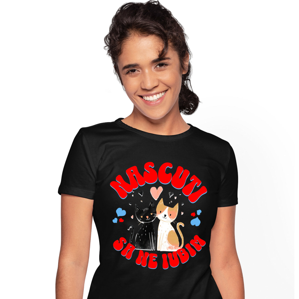 Tricou Femei, Barbati, Copii, Fata, Baiat, Unisex Personalizat "Cuplu Pisici Neagră și Portocalie - Cadou Iubire și Fericire Personalizat" [1]