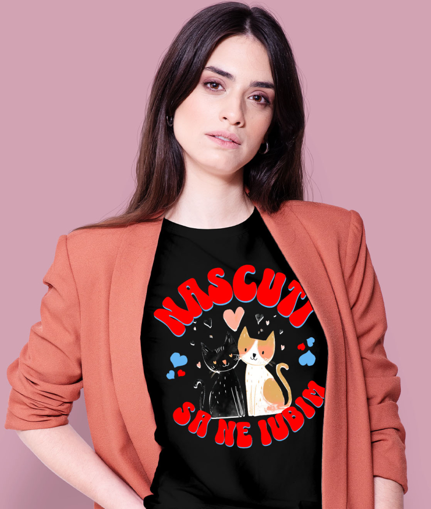 Tricou Femei, Barbati, Copii, Fata, Baiat, Unisex Personalizat "Cuplu Pisici Neagră și Portocalie - Cadou Iubire și Fericire Personalizat" [2]