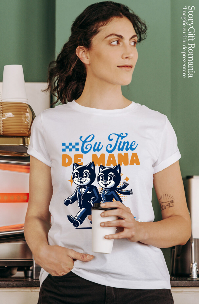 Tricou Femei, Barbati, Copii, Fata, Baiat, Unisex Personalizat Cuplu Pisici Vesele cu Mesaj „Cu Tine de Mână, Iubire Dragoste” – Cadou Personalizat pentru Valentine's Day [2]