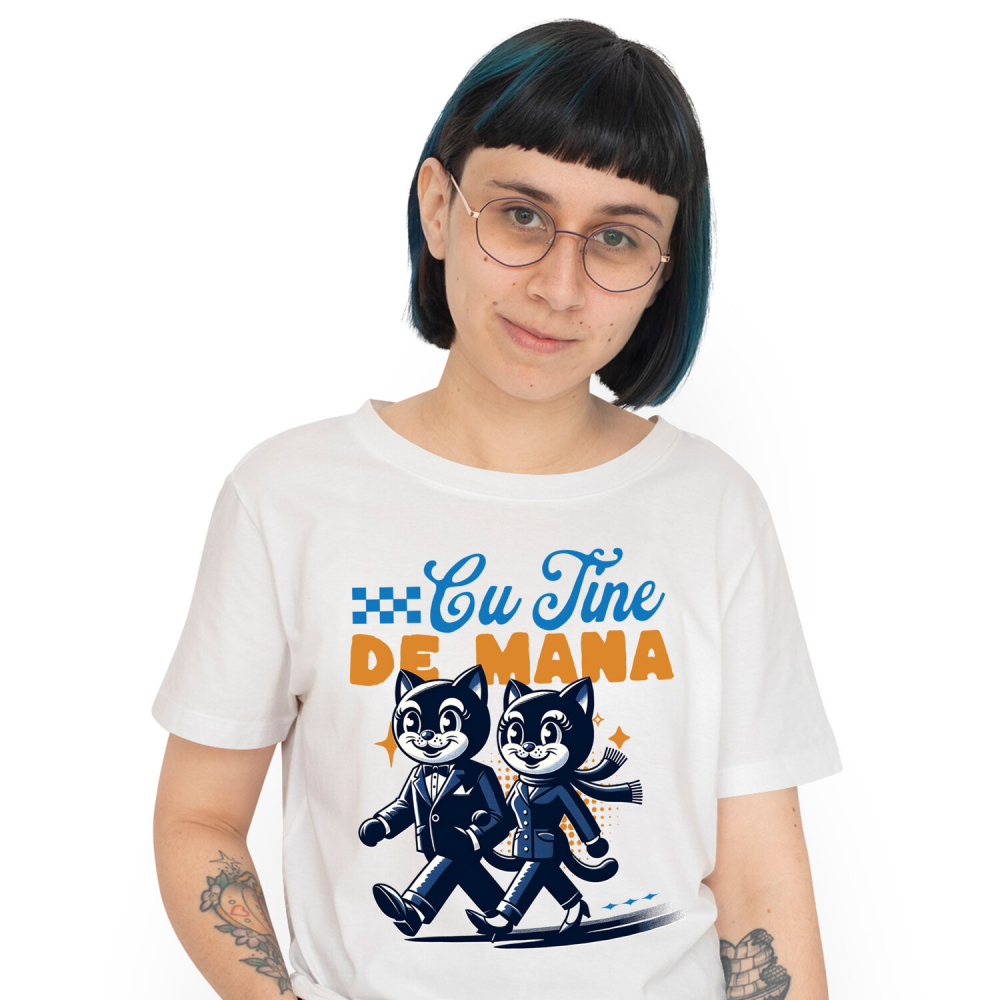 Tricou Femei, Barbati, Copii, Fata, Baiat, Unisex Personalizat Cuplu Pisici Vesele cu Mesaj „Cu Tine de Mână, Iubire Dragoste” – Cadou Personalizat pentru Valentine's Day [1]