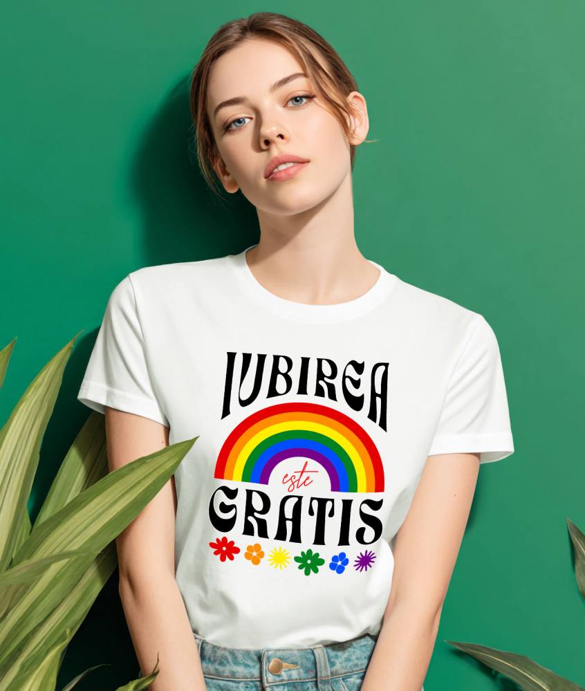 Tricou Femei, Barbati, Copii, Fata, Baiat, Unisex Personalizat Iubirea Este Gratis - Cadou Personalizat cu Flori Colorate și Curcubeu [2]