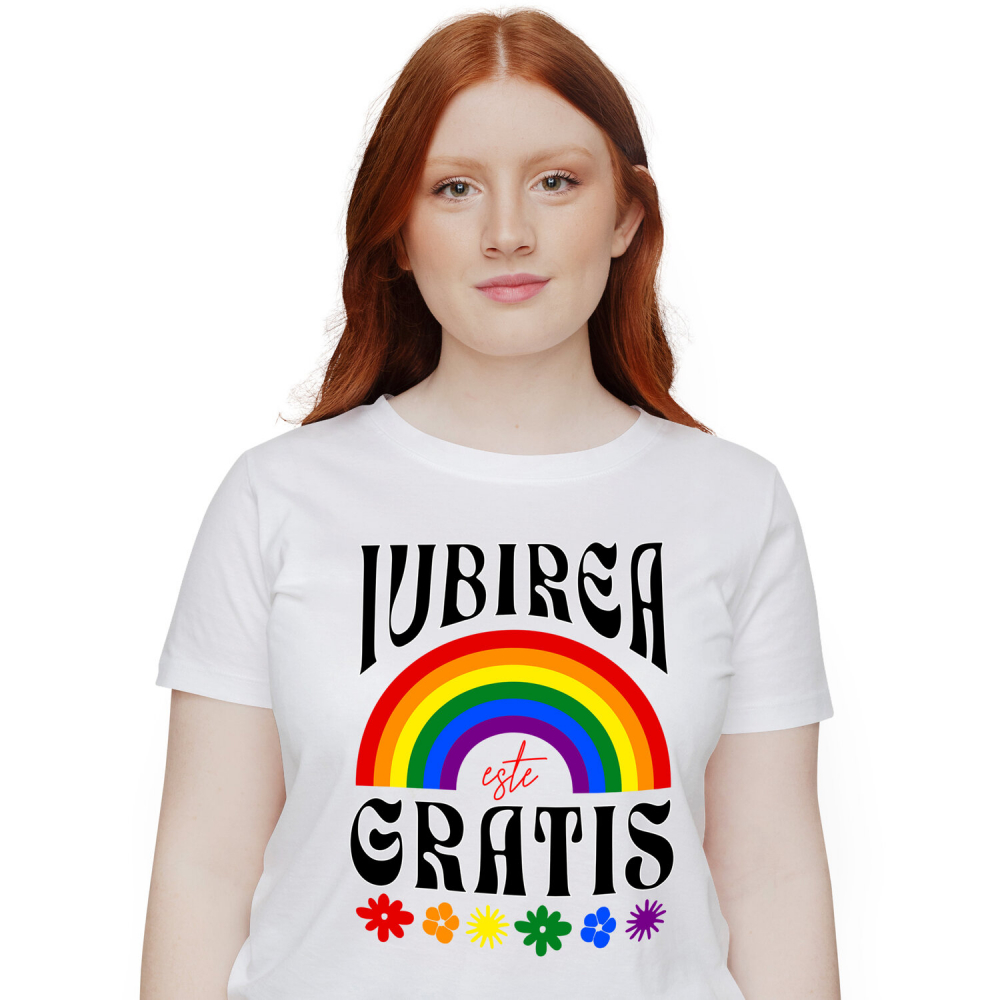 Tricou Femei, Barbati, Copii, Fata, Baiat, Unisex Personalizat Iubirea Este Gratis - Cadou Personalizat cu Flori Colorate și Curcubeu [1]