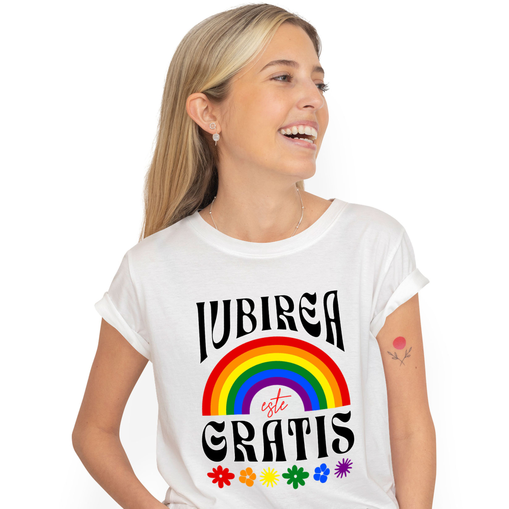 Tricou Femei, Barbati, Copii, Fata, Baiat, Unisex Personalizat Iubirea Este Gratis - Cadou Personalizat cu Flori Colorate și Curcubeu [1]