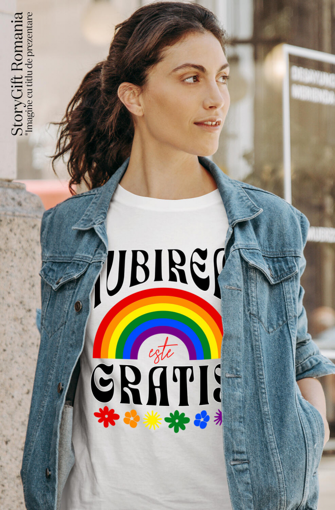 Tricou Femei, Barbati, Copii, Fata, Baiat, Unisex Personalizat Iubirea Este Gratis - Cadou Personalizat cu Flori Colorate și Curcubeu [2]