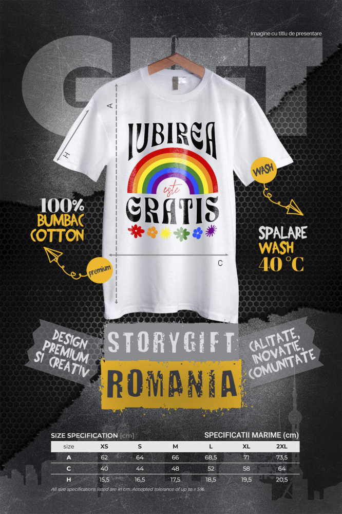 Tricou Femei, Barbati, Copii, Fata, Baiat, Unisex Personalizat Iubirea Este Gratis - Cadou Personalizat cu Flori Colorate și Curcubeu [4]