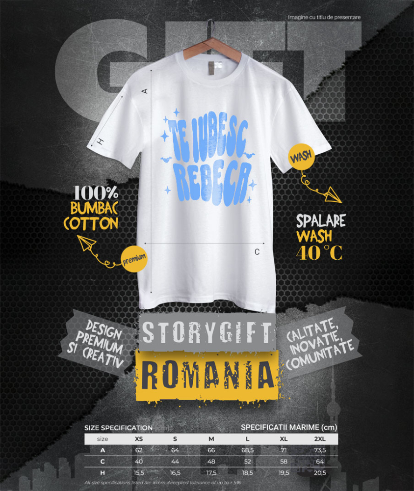 Tricou Femei, Barbati, Copii, Fata, Baiat, Unisex Personalizat "Mesaj Romantic Te Iubesc Rebeca - Cadou Personalizat Inimi și Stele pentru Valentine's Day" [4]