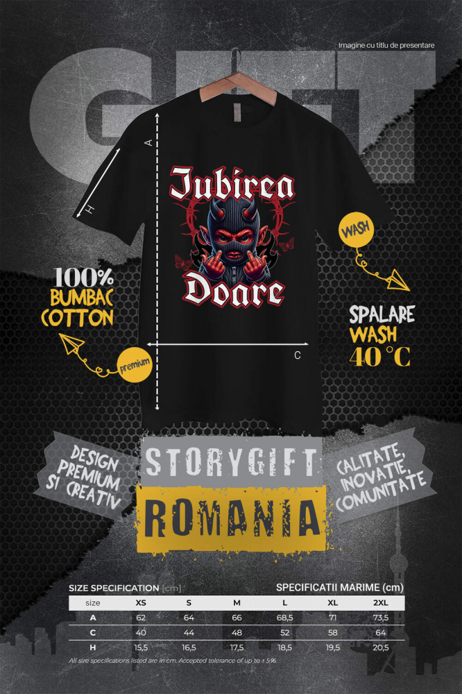 Tricou Femei, Barbati, Copii, Fata, Baiat, Unisex Personalizat Cadouri personalizate pentru Valentine's Day cu ilustrație demon „Iubirea Doare” | Produse unice pentru iubiți și prieteni. [4]