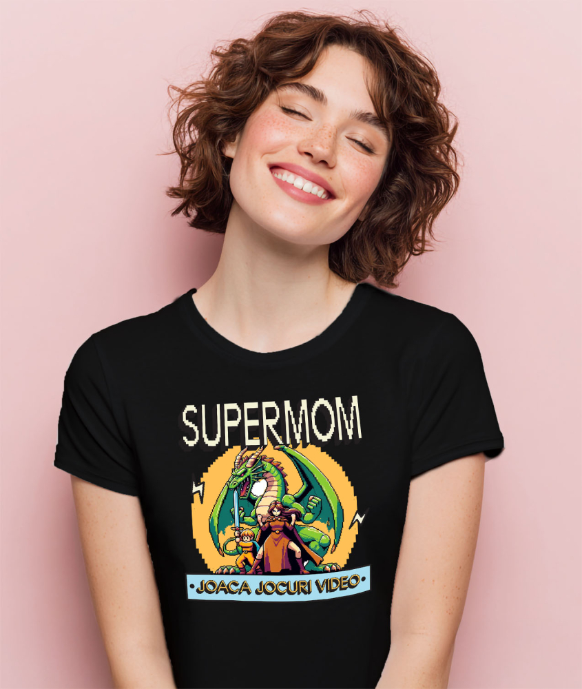 Tricou Femei, Barbati, Copii, Fata, Baiat, Unisex Personalizat Dragon Jocuri Video cu Luptătoare Războinică SuperMom - Cadou Personalizat „Joacă Jocuri Video” pentru Familie și Prieteni [2]