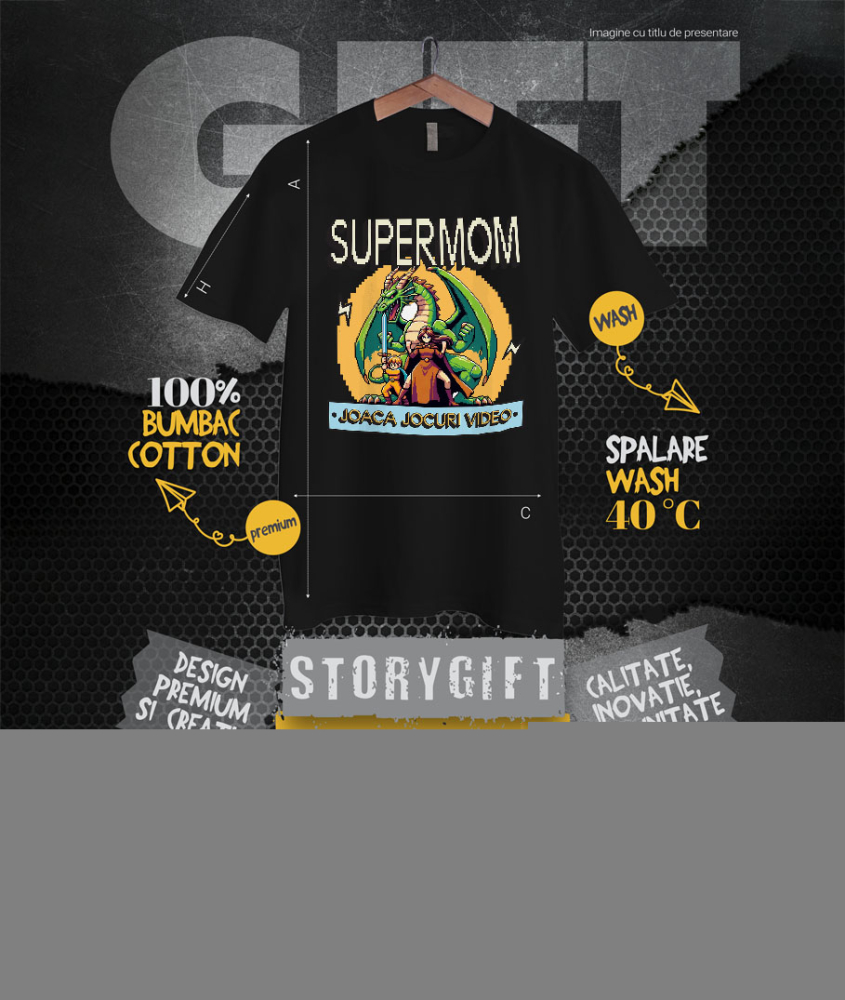 Tricou Femei, Barbati, Copii, Fata, Baiat, Unisex Personalizat Dragon Jocuri Video cu Luptătoare Războinică SuperMom - Cadou Personalizat „Joacă Jocuri Video” pentru Familie și Prieteni [4]