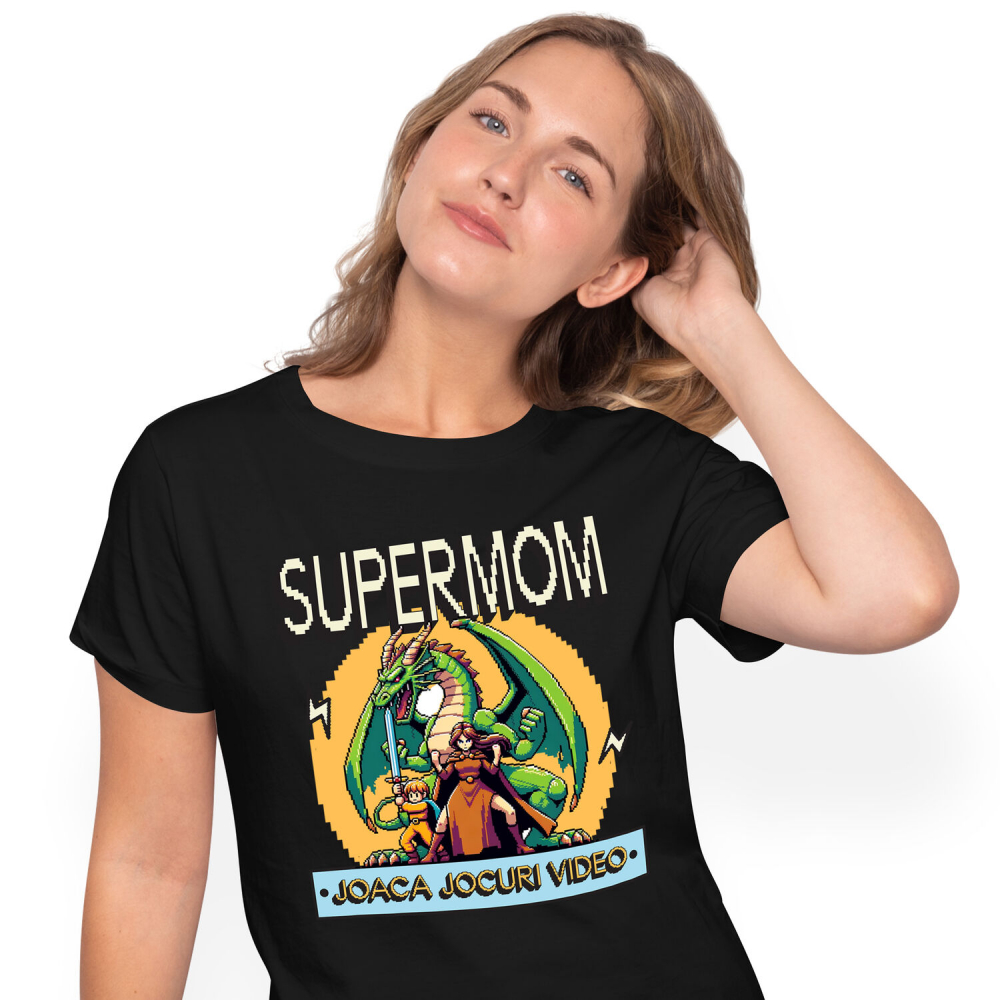 Tricou Femei, Barbati, Copii, Fata, Baiat, Unisex Personalizat Dragon Jocuri Video cu Luptătoare Războinică SuperMom - Cadou Personalizat „Joacă Jocuri Video” pentru Familie și Prieteni [1]