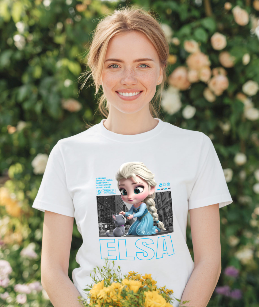 Tricou Femei cu Elsa si Pisicuta – Echipa Magica 100% Bumbac, Alb, XL [2]