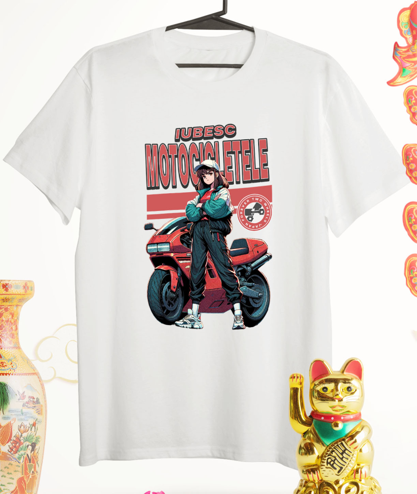 Tricou Femei, Barbati, Copii, Fata, Baiat, Unisex Personalizat Fată Animată Cu Șapcă, Ținută Sport, Motor Roșu – Viteză și Pasiune Moto [3]