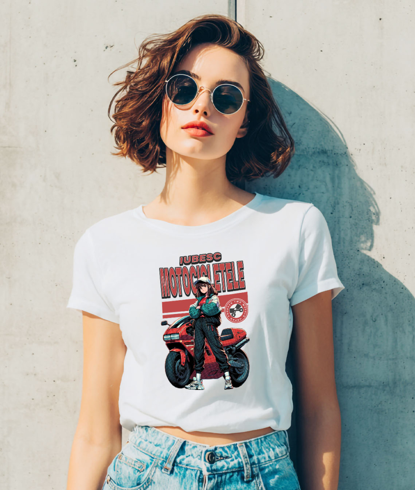 Tricou Femei, Barbati, Copii, Fata, Baiat, Unisex Personalizat Fată Animată Cu Șapcă, Ținută Sport, Motor Roșu – Viteză și Pasiune Moto [2]