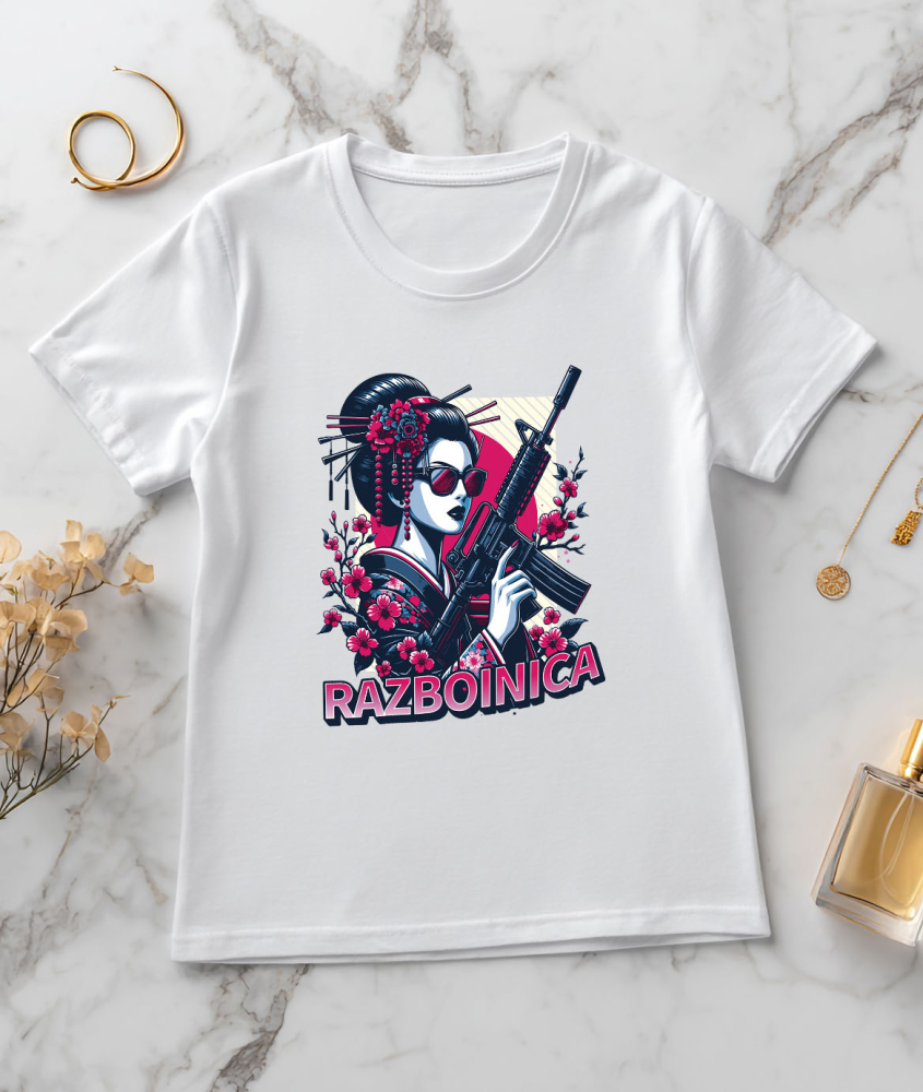 Tricou Femei, Barbati, Copii, Fata, Baiat, Unisex Personalizat Fata Asiatica cu Mitralieră și Flori Roz – Războinică Personalizată [3]