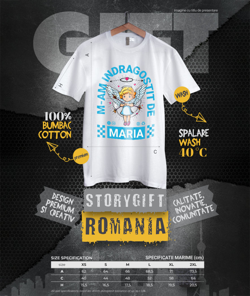 Tricou Femei, Barbati, Copii, Fata, Baiat, Unisex Personalizat Statuie Fata Copil Cu Aripi Înger – Cadou Personalizat Valentine's Day „M-am Îndrăgostit De Maria” [4]