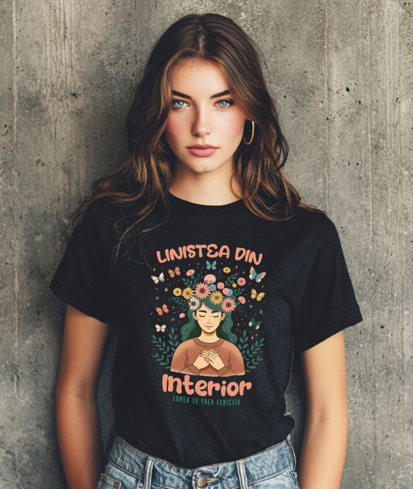 Tricou Femei, Barbati, Copii, Fata, Baiat, Unisex Personalizat Coroană de Flori cu Mesaj de Liniște Interioară | Lumea te Vrea Fericită - Cadou Personalizat [2]