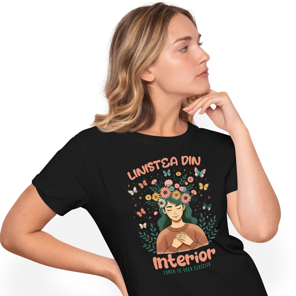 Tricou Femei, Barbati, Copii, Fata, Baiat, Unisex Personalizat Coroană de Flori cu Mesaj de Liniște Interioară | Lumea te Vrea Fericită - Cadou Personalizat [1]