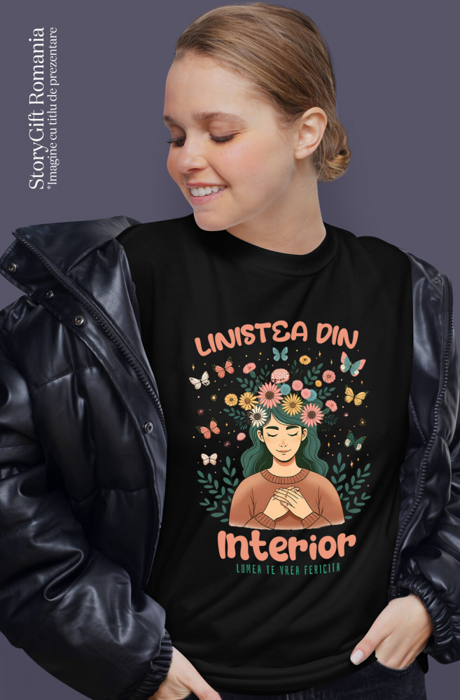 Tricou Femei, Barbati, Copii, Fata, Baiat, Unisex Personalizat Coroană de Flori cu Mesaj de Liniște Interioară | Lumea te Vrea Fericită - Cadou Personalizat [2]