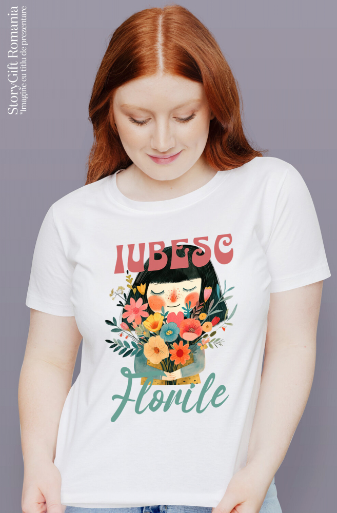 Tricou Femei, Barbati, Copii, Fata, Baiat, Unisex Personalizat Cadou Personalizat Fata Cu Breton și Buchet De Trandafiri | Iubesc Florile | Iubire și Natură [2]
