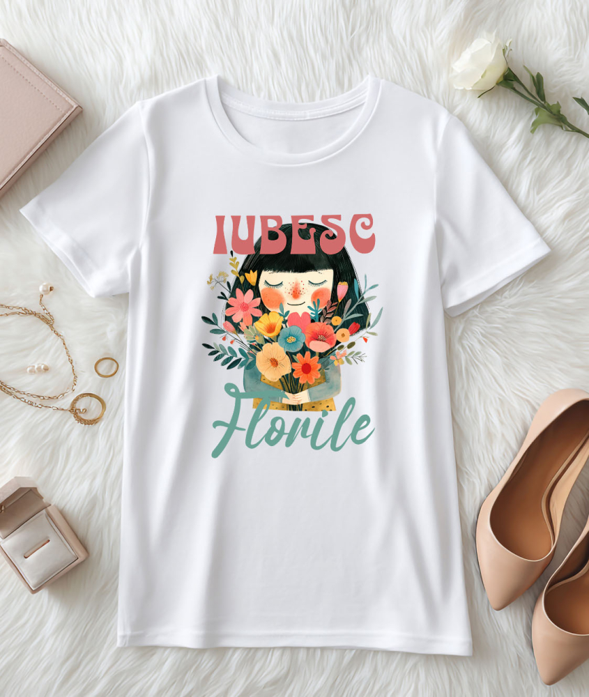 Tricou Femei, Barbati, Copii, Fata, Baiat, Unisex Personalizat Cadou Personalizat Fata Cu Breton și Buchet De Trandafiri | Iubesc Florile | Iubire și Natură [3]