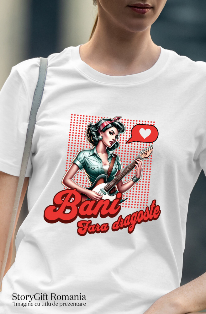 Tricou Femei, Barbati, Copii, Fata, Baiat, Unisex Personalizat Fată cu Chitara Electrică - Cadou Personalizat pentru Iubitori de Muzică, Mesaj Rock [2]