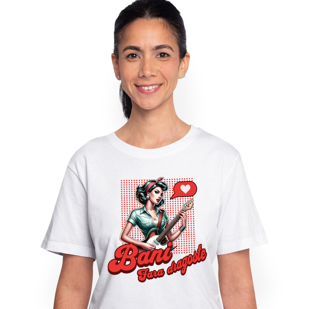 Tricou Femei, Barbati, Copii, Fata, Baiat, Unisex Personalizat Fată cu Chitara Electrică - Cadou Personalizat pentru Iubitori de Muzică, Mesaj Rock [1]