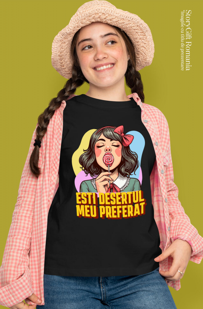 Tricou Femei, Barbati, Copii, Fata, Baiat, Unisex Personalizat Fată cu Fundă Roșie și Acadea - Cadou Personalizat, Mesaj Iubire și Sexy [2]