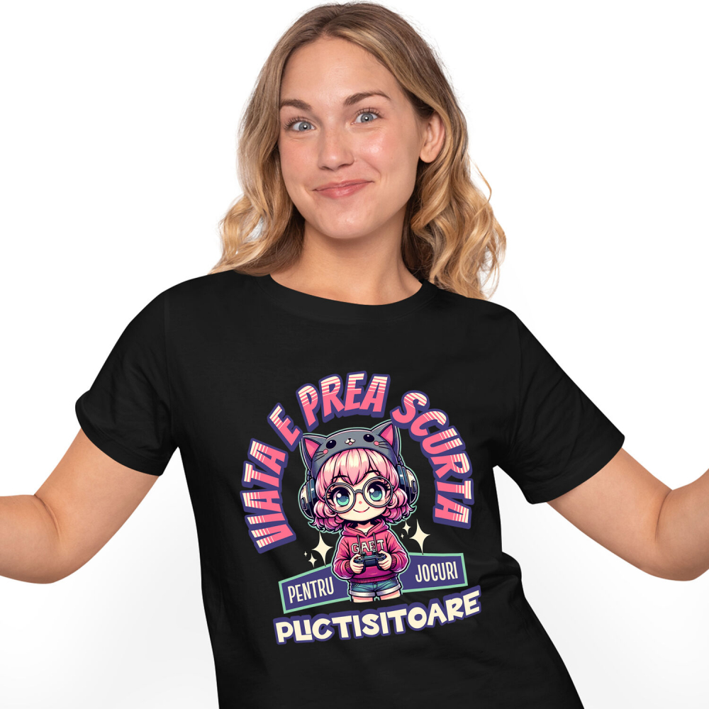 Tricou Femei, Barbati, Copii, Fata, Baiat, Unisex Personalizat Fată Stil Anime „Viața E Prea Scurtă” cu Păr Roz, Palarie Pisică și Manetă Jocuri Video - Cadou Personalizat [1]