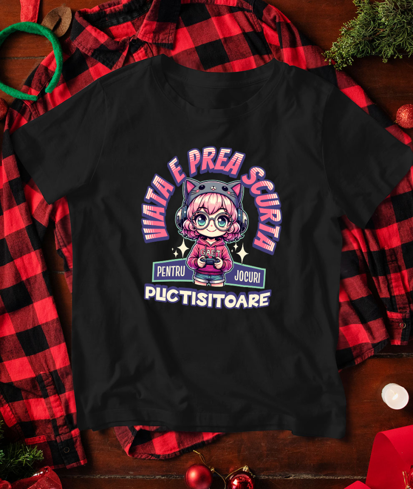 Tricou Femei, Barbati, Copii, Fata, Baiat, Unisex Personalizat Fată Stil Anime „Viața E Prea Scurtă” cu Păr Roz, Palarie Pisică și Manetă Jocuri Video - Cadou Personalizat [3]