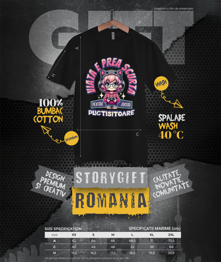 Tricou Femei, Barbati, Copii, Fata, Baiat, Unisex Personalizat Fată Stil Anime „Viața E Prea Scurtă” cu Păr Roz, Palarie Pisică și Manetă Jocuri Video - Cadou Personalizat [4]