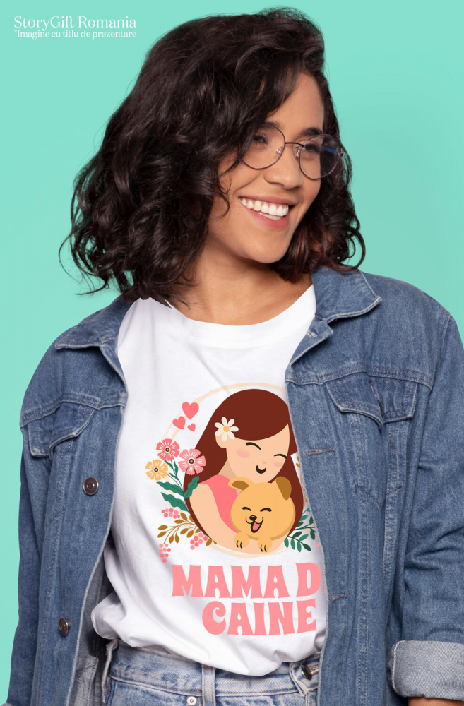 Tricou Femei, Barbati, Copii, Fata, Baiat, Unisex Personalizat "Fata și Câine – Cadouri Personalizate pentru Mama de Câine cu Flori Colorate" [2]