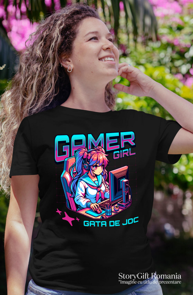 Tricou Femei, Barbati, Copii, Fata, Baiat, Unisex Personalizat Fata Stil Anime - Gamer Girl La Birou - Cadou Personalizat Jocuri Calculator [2]