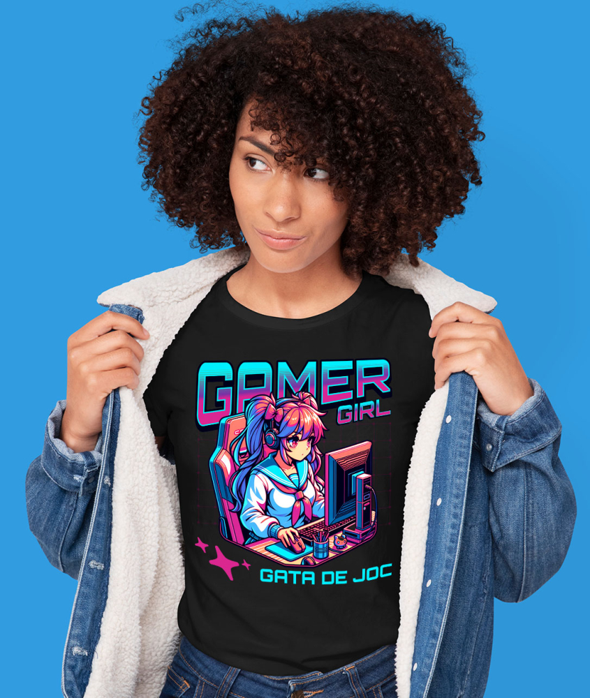 Tricou Femei, Barbati, Copii, Fata, Baiat, Unisex Personalizat Fata Stil Anime - Gamer Girl La Birou - Cadou Personalizat Jocuri Calculator [2]
