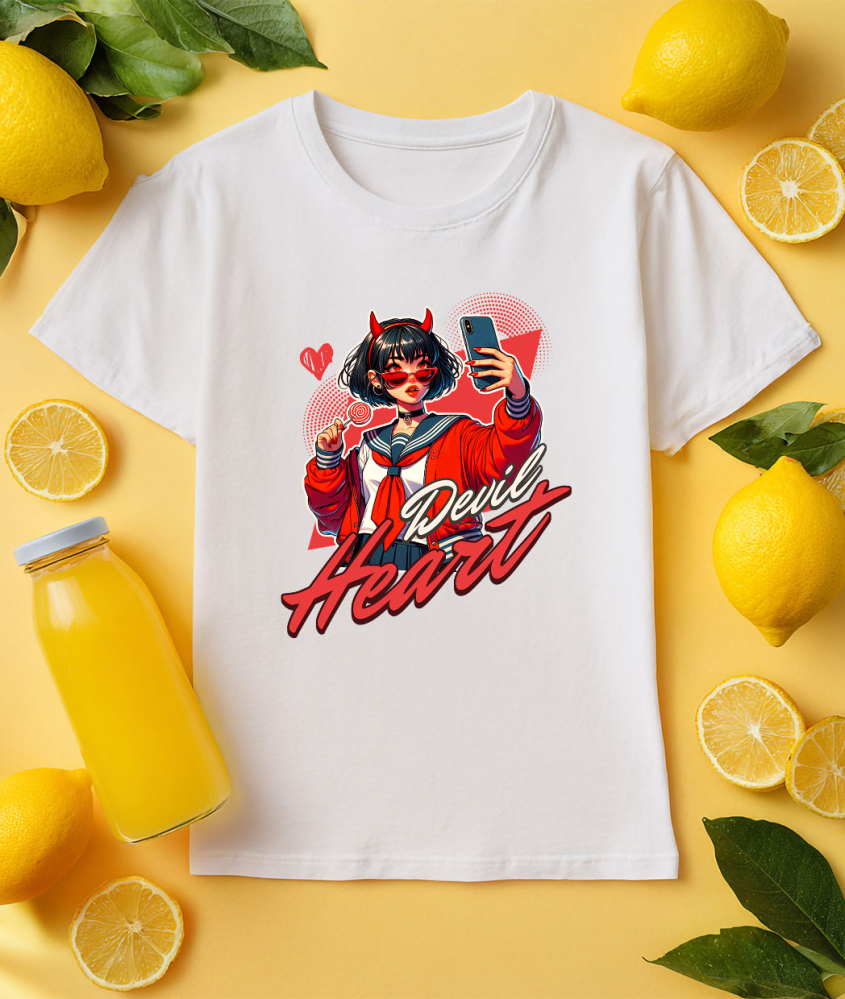 Tricou Femei, Barbati, Copii, Fata, Baiat, Unisex Personalizat „Fată Stil Anime Cu Acadea și Selfie - Cadou Personalizat „Devil Heart” pentru Familie, Copii și Prieteni” [3]