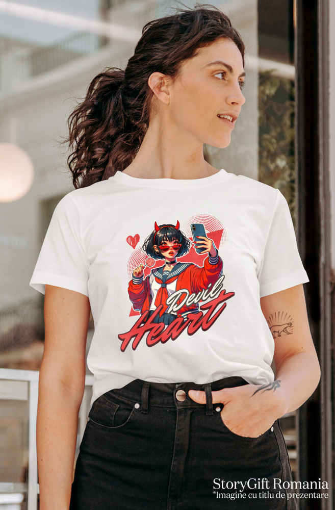 Tricou Femei, Barbati, Copii, Fata, Baiat, Unisex Personalizat „Fată Stil Anime Cu Acadea și Selfie - Cadou Personalizat „Devil Heart” pentru Familie, Copii și Prieteni” [2]