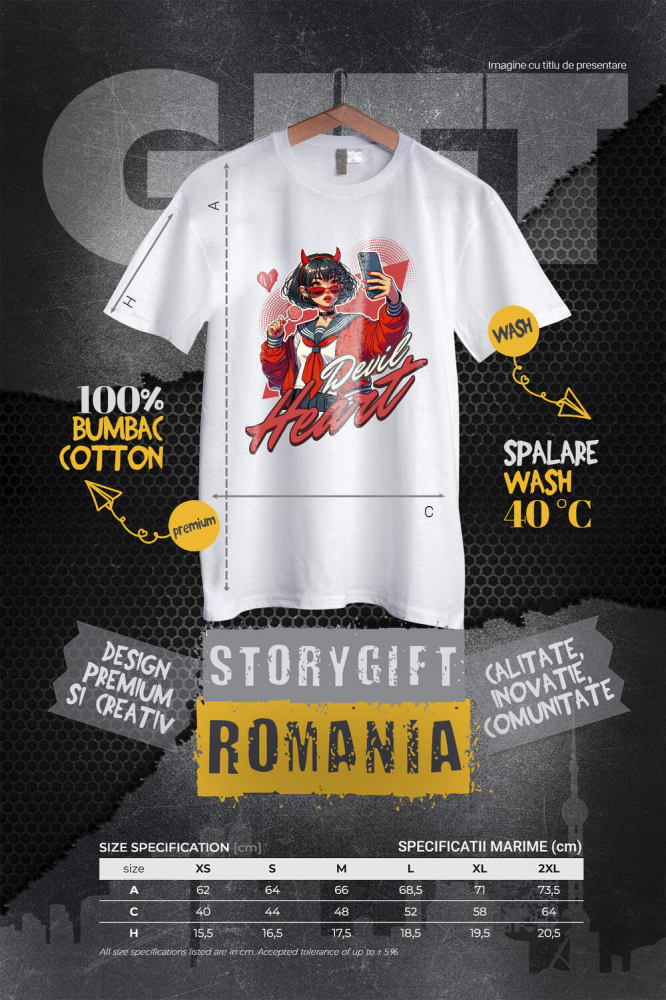 Tricou Femei, Barbati, Copii, Fata, Baiat, Unisex Personalizat „Fată Stil Anime Cu Acadea și Selfie - Cadou Personalizat „Devil Heart” pentru Familie, Copii și Prieteni” [4]