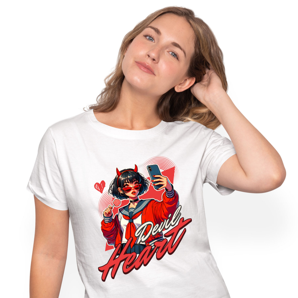 Tricou Femei, Barbati, Copii, Fata, Baiat, Unisex Personalizat „Fată Stil Anime Cu Acadea și Selfie - Cadou Personalizat „Devil Heart” pentru Familie, Copii și Prieteni” [1]