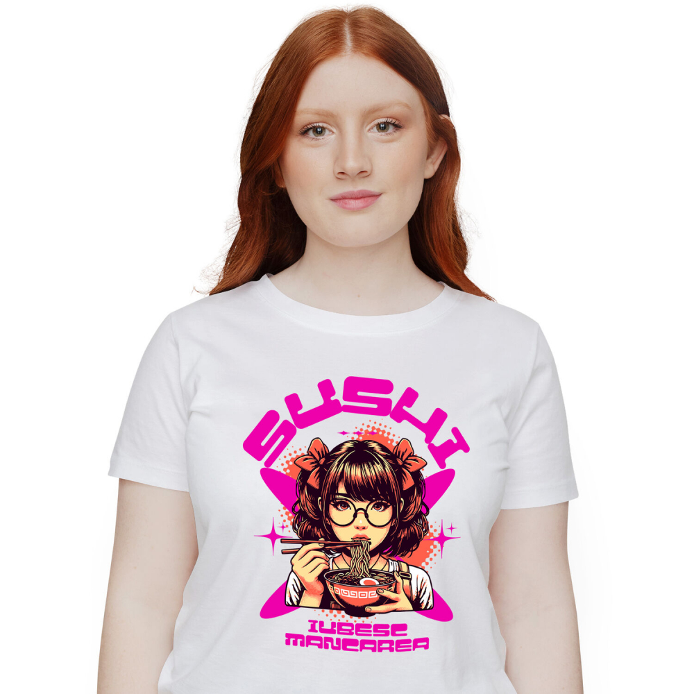 Tricou Femei, Barbati, Copii, Fata, Baiat, Unisex Personalizat Fată Anime Cu Fundițe Și Ochelari Mâncând Supă Noodles | Cadou Personalizat Iubitorilor De Mâncare [1]