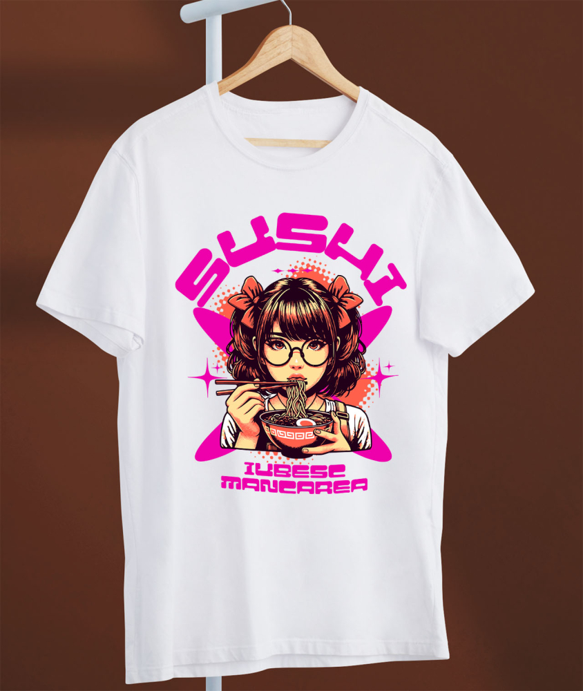 Tricou Femei, Barbati, Copii, Fata, Baiat, Unisex Personalizat Fată Anime Cu Fundițe Și Ochelari Mâncând Supă Noodles | Cadou Personalizat Iubitorilor De Mâncare [3]