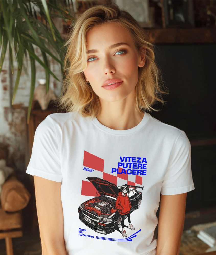 Tricou Femei, Barbati, Copii, Fata, Baiat, Unisex Personalizat Tricou Anime Auto – Fată cu Hanorac Roșu și Mașină Sport Puternică [2]