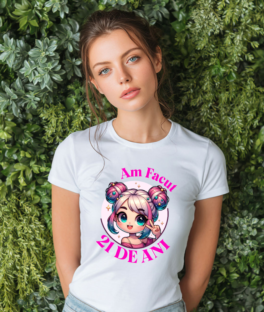 Tricou Femei, Barbati, Copii, Fata, Baiat, Unisex Personalizat Fata Anime cu Par Roz – Petrecere de 21 de Ani și Aniversare Copii [2]