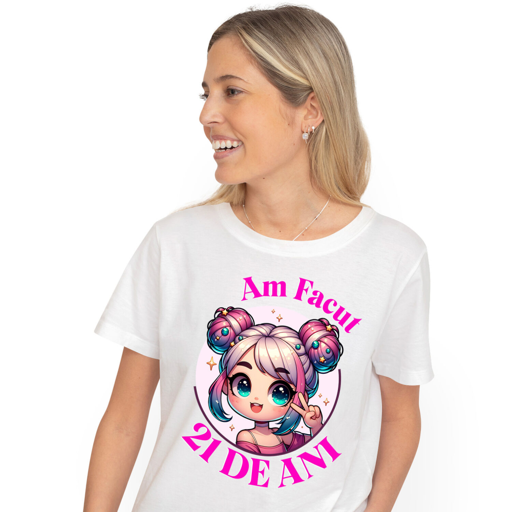 Tricou Femei, Barbati, Copii, Fata, Baiat, Unisex Personalizat Fata Anime cu Par Roz – Petrecere de 21 de Ani și Aniversare Copii [1]