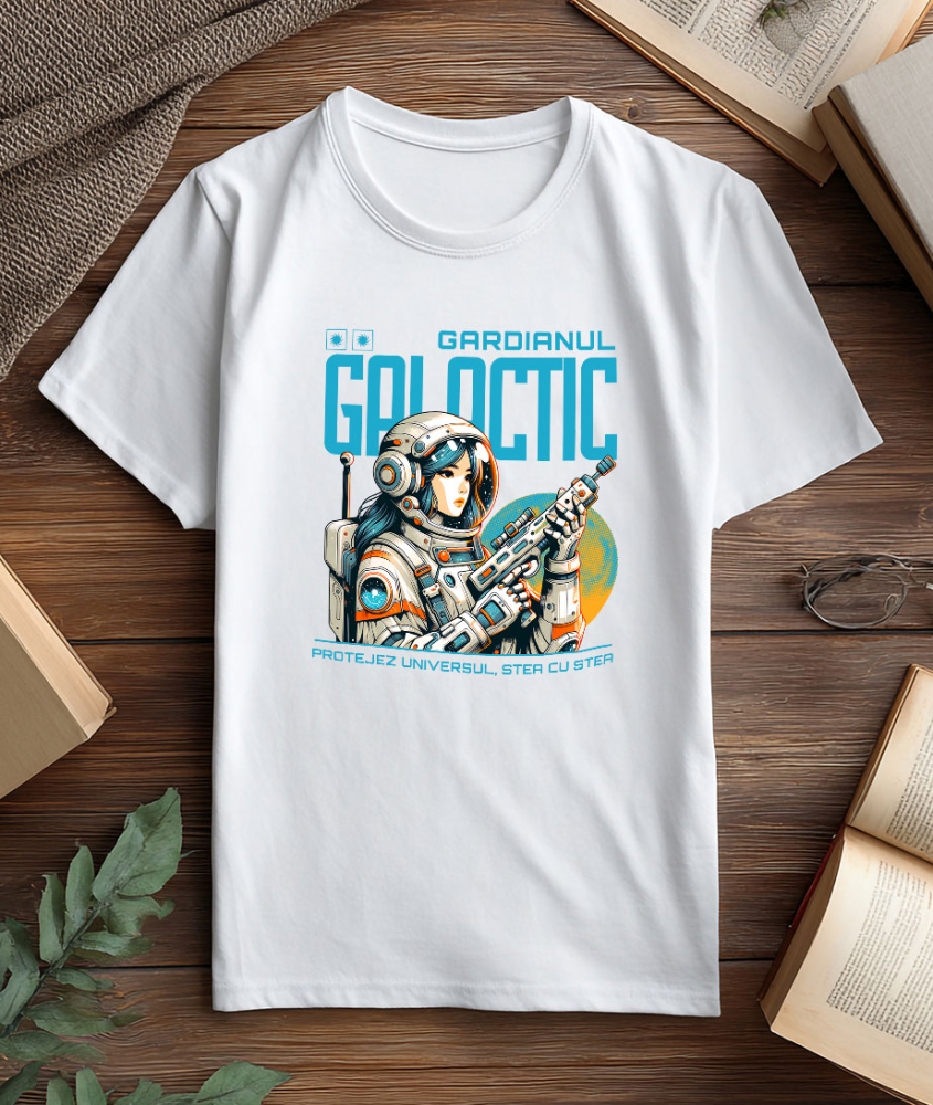 Tricou Femei, Barbati, Copii, Fata, Baiat, Unisex Personalizat Fata În Costum Spațial Cu Arma – Cadou Personalizat „Gardianul Galactic Protejez Universul” Pentru Copii [3]