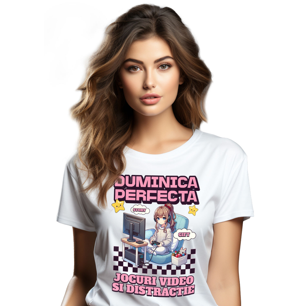 Tricou Femei, Barbati, Copii, Fata, Baiat, Unisex Personalizat Fată Stil Anime „Duminica Perfectă” - Cadou Personalizat pentru Iubitorii de Jocuri Video și Familie [1]
