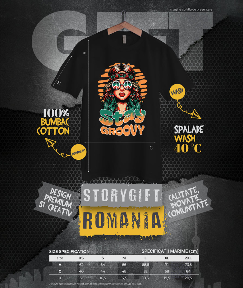 Tricou Femei, Barbati, Copii, Fata, Baiat, Unisex Personalizat Fată Stil Hippie cu Ochelari de Soare și Bandana – Stay Groovy Vibe Retro [4]