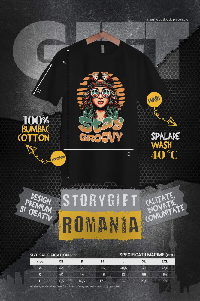 Tricou Femei, Barbati, Copii, Fata, Baiat, Unisex Personalizat Fată Stil Hippie cu Ochelari de Soare și Bandana – Stay Groovy Vibe Retro [4]