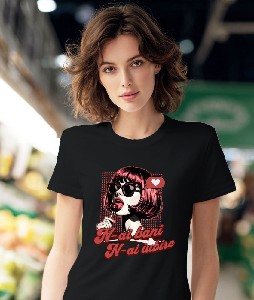 Tricou Femei, Barbati, Copii, Fata, Baiat, Unisex Personalizat „Fată Stil Retro Cu Acadea și Ochelari De Soare - Cadou Personalizat „N-ai Bani, N-ai Iubire” pentru Familie, Copii și Prieteni de Valentine's Day” [2]