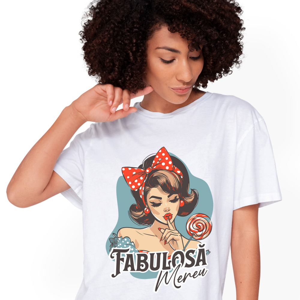 Tricou Femei, Barbati, Copii, Fata, Baiat, Unisex Personalizat Fată Retro cu Funda Roșie și Acadea - Cadou Personalizat Fabuloasă Mereu Încredere de Sine [1]